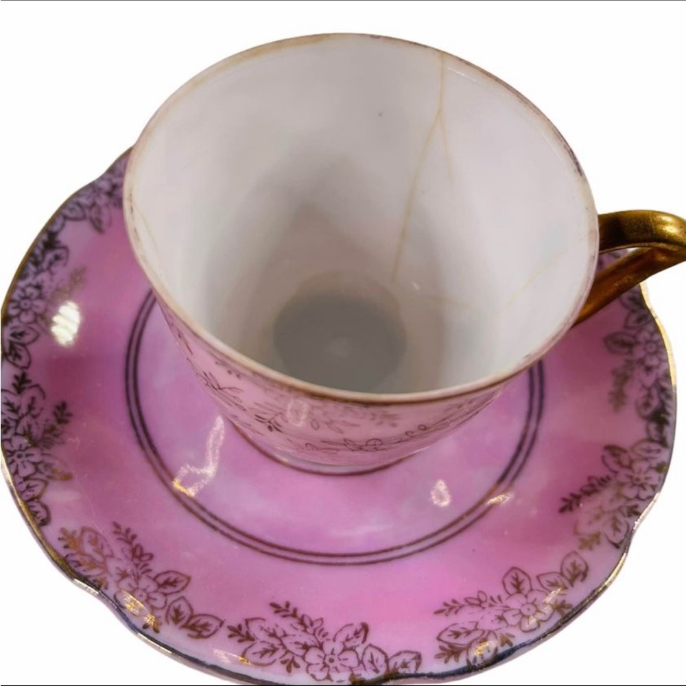 VTG Demitasse Fine China Pink Tea Cup & Saucer Dainty Gold Rim Floral Japan - Picture 2 of 11